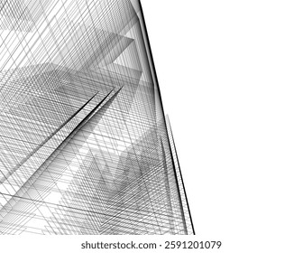 Abstract Geometric Architecture. Futuristic Minimalist Structures with Wireframe and Mesh