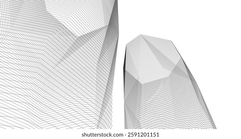 Abstract Geometric Architecture. Futuristic Minimalist Structures with Wireframe and Mesh