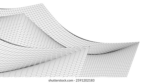 Abstract Geometric Architecture. Futuristic Minimalist Structures with Wireframe and Mesh