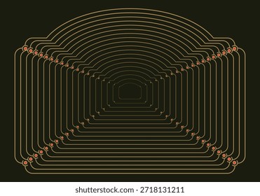 Padrão de túnel geométrico abstrato com linhas douradas e acentos vermelhos, criando uma ilusão de profundidade e perspectiva infinitas