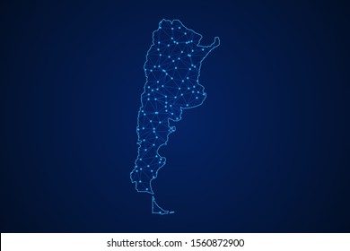 Abstract geometric of Argentina map polygonal line, structure and point scales on blue dark background with lights and dots. Vector illustration eps 10.