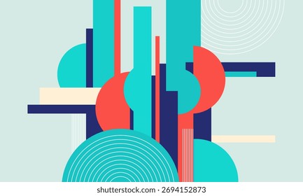 Disposição geométrica abstrata com círculos, retângulos e linhas em cores azul-petróleo, vermelho, marinho e bege, criando um design moderno e minimalista.