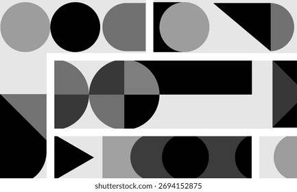 Abstract geometric arrangement featuring circles, triangles, and rectangles in shades of gray and black, creating a modern and minimalist design.