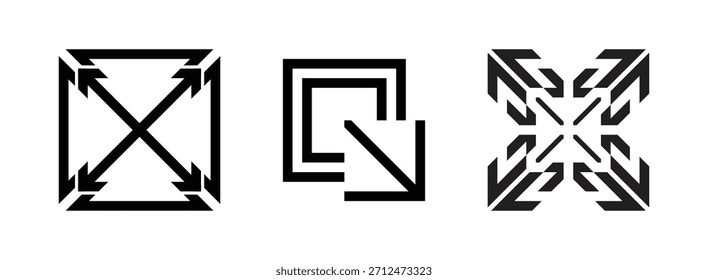Abstrakter geometrischer Pfeil Labyrinth quadratischen Symbol minimalen schwarzen Vektor, Skala, und Erweiterung Pfeile Symbol gesetzt. 