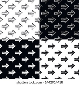 Abstract geometric arrow pattern set with hand drawn arrows. Funny vector black and white arrow pattern set. Seamless monochrome doodle arrow pattern set for textile, wallpapers, wrap and web.