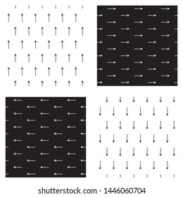 Abstract geometric arrow pattern set with hand drawn arrows. Funny vector black and white arrow pattern set. Seamless monochrome doodle arrow pattern set for textile, wallpapers, wrap and web.