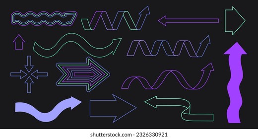 Abstract geometric arrow shapes, brutalism direction forms, neon y2k geometric elements. Trendy minimalist wavy curvy arrow lines, modern graphic design element vector set.