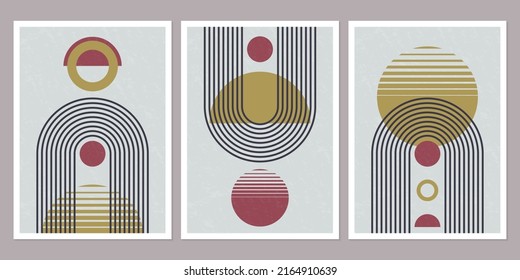 Abstract geometric art with arch and circles. Modern boho background. Line arc shapes, sun design. Contemporary print, poster for wall decor. Vector illustration.