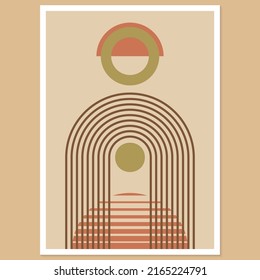 Abstract geometric art with arch and circles. Modern boho background. Line arc shapes, sun design. Contemporary print, poster for wall decor. Vector illustration.