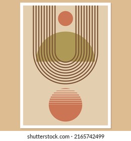 Abstract geometric art with arch and circles. Modern boho background. Line arc shapes, sun design. Contemporary print, poster for wall decor. Vector illustration.