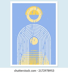 Abstract geometric art with arch and circles. Modern boho background. Line arc shapes, sun design. Contemporary print, cover, poster for wall decor. Vector illustration.