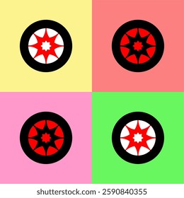 Abstract geometric art with circular star patterns in bold red, black, and white on colorful backgrounds. A modern, symmetrical, and minimalist digital design.
