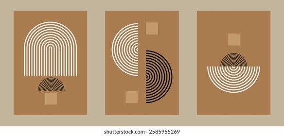 Abstract geometric art collection featuring concentric circles and semi circles in black and white on a brown background. Ideal for modern decor and design inspiration