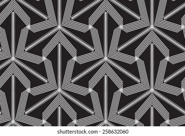 Abstract Geometric Art Deco Arrow Flower Seamless Pattern on black background. Vintage style texture. Cloth & rug design. Used for wallpaper, pattern fills, web page background & surface textures.