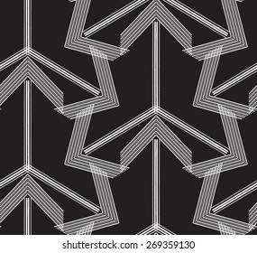 Abstract Geometric Art Deco Arrow Leaf Seamless Pattern on black background. Maple leaf vintage style texture. Cloth & rug design. Used for wallpaper, pattern fill, web page backdrop, surface texture.