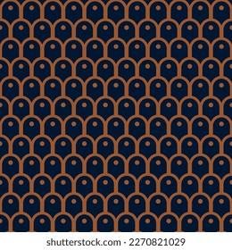 Abstract geometric art deco pattern background with fish scale shapes texture. Blue and gold seamless grid lines. Simple geometry minimalistic pattern