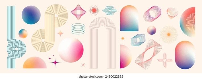 Abstract geometric art design. Bauhaus modern kit. Colorful gradient forms, line retro shapes. Vector illustrations.