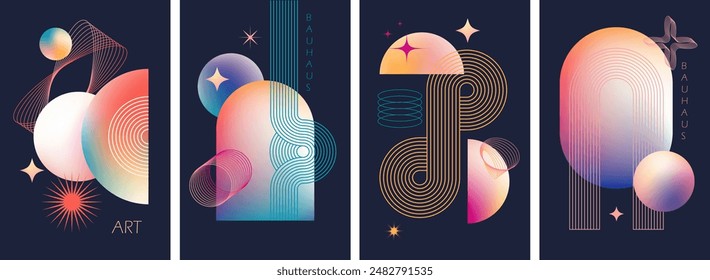 Abstraktes geometrisches Kunstdesign. Moderner Bauhaus-Hintergrund, bedruckbare Poster, Banner, Vorlage-Konzept. Bunte Farbverlaufsformen, Linien-Retro-Formen, Formen. Vektorillustrationen.