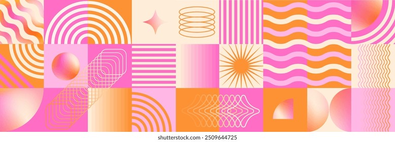 Abstract geometric art design. Bauhaus modern background, printable posters, banners, template concept. Colorful gradient forms, line retro shapes, forms. Vector illustrations.