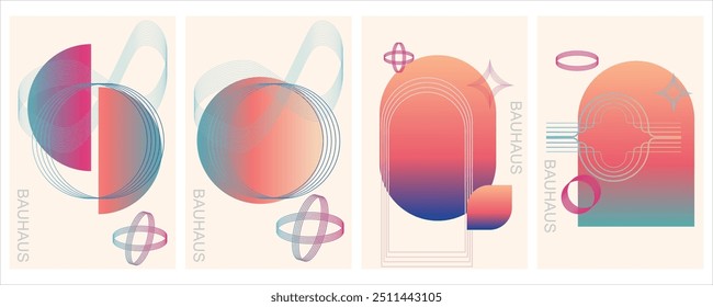 Abstract geometric art design. Bauhaus modern background, printable posters, banners, template concept. Colorful gradient forms, line retro shapes, forms. Vector illustrations.