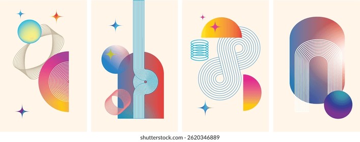 Abstract geometric art design. Bauhaus modern background, printable posters, banners, template concept. Colorful gradient forms, line retro shapes, forms. Vector illustrations.