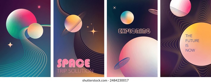 Abstract geometric art design. Space modern background, printable posters, banners, template concept. Colorful gradient forms, line retro shapes, forms. Planets, Sun. Vector illustration.