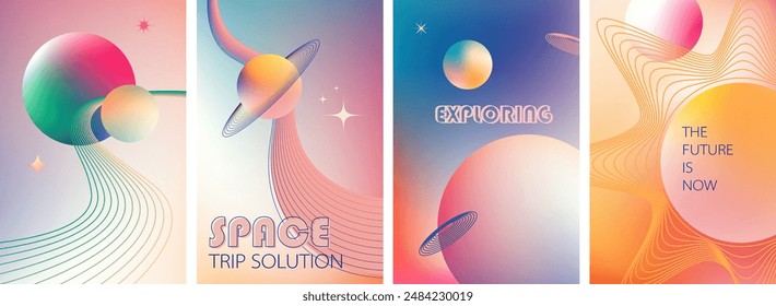 Abstract geometric art design. Space modern background, printable posters, banners, template concept. Colorful gradient forms, line retro shapes, forms. Planets, Sun. Vector illustration.