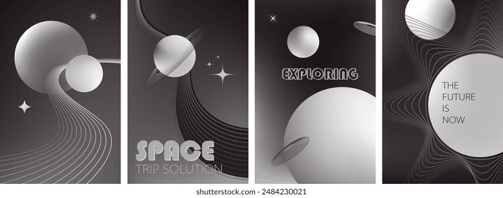 Abstract geometric art design. Space modern background, printable posters, banners, template concept. Colorful gradient forms, line retro shapes, forms. Planets, Sun. Vector illustration.