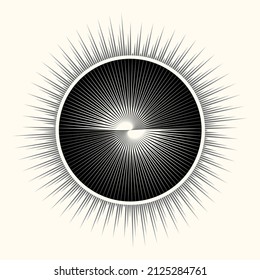 Abstract geometric art lines background. Poster for wall gallery. Yin and Yang symbol. Magic sun with rays like hypnotic spiritual design element.