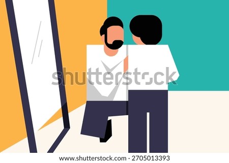 Abstract geometric art of man facing mirror with altered reflection. Modern identity, introspection, self-perception.