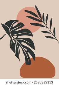 Abstract geometric art with pastel and earthy colors. Tropical leaves silhouette. Flat design with shapes.