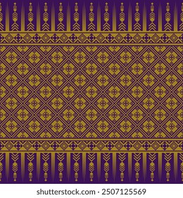 Abstract geometric art pattern in gold color on purple background. Endless ethnic, folklore embroidery ornament pattern design for textile, fabric, background, cover, wrapping, tiles, carpet, printing