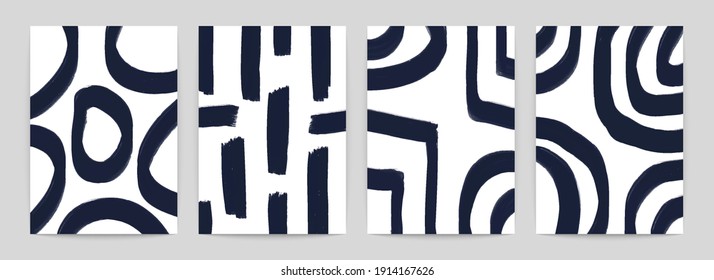 Abstract geometric art posters. Black brush shapes, contemporary canvas for wall decor. Mid century vector illustration