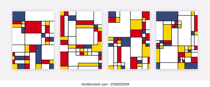 Abstract geometric art posters. Mondrian inspired graphic posters, contemporary canvas for wall decor. Modern vector illustration