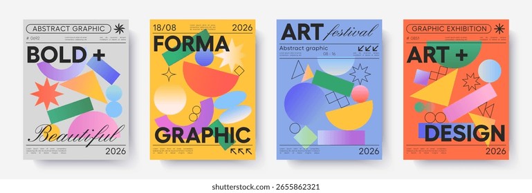 Abstract geometric art posters.Vector backgrounds with bold dynamic shapes and modern typography.Artistic banner templates for prints,exhibitions,banners,ad,covers,branding,annual