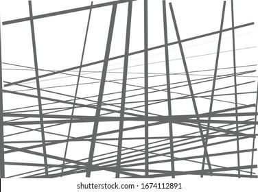 Abstrakte geometrische Kunst mit zufälligen, chaotischen, dynamischen Linien. Gerader Kreuz, Schnittlinie unregelmäßiger Linien, Streifenstruktur, Muster
