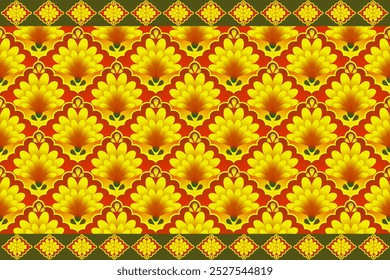 Abstract geometric art, red gradient flower pattern Yellow seamless pattern in tribal, western style, geometric Aztec style. For rugs, wallpaper, clothing, wrapping, fabric, covers, textiles.