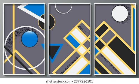 Abstract geometric art triptych. A composition of three images in white thin frames for interior decoration, blog design, social media accounts, corporate design and your other projects. Vector.