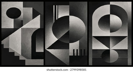 Abstract geometric art triptych in monochrome shades. abstract geometric monochrome triptych composition minimalist architectural vertical creative backdrop artistic decoration.