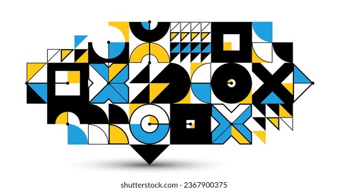 Abstract geometric artistic vector background, Bauhaus style wallpaper with circles triangles and lines, pattern artwork geometrical abstraction.