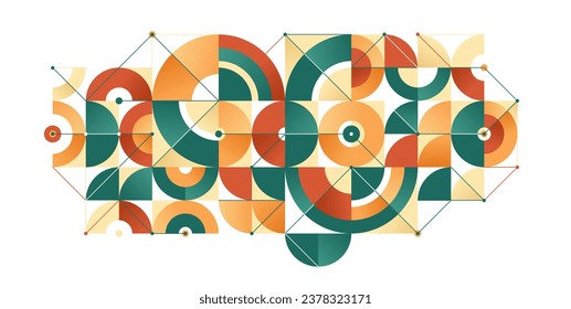 Abstract geometric artistic vector background in ethnic colors, Bauhaus style wallpaper with circles triangles and lines, pattern artwork geometrical abstraction.