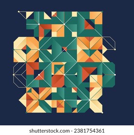 Abstract geometric artistic vector background in ethnic colors, colorful Bauhaus style wallpaper with circles triangles and lines, pattern artwork over dark.
