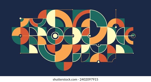 Abstract geometric artistic vector background in ethnic colors, colorful Bauhaus style wallpaper with circles triangles and lines, pattern artwork over dark.