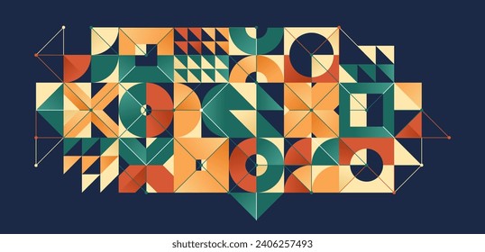Resumen de fondo vectorial artístico geométrico en colores étnicos, colorido papel tapiz al estilo Bauhaus con círculos triángulos y líneas, patrones de arte sobre la oscuridad.