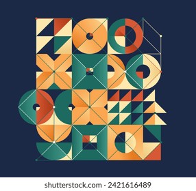 Abstract geometric artistic vector background in ethnic colors, colorful Bauhaus style wallpaper with circles triangles and lines, pattern artwork over dark.