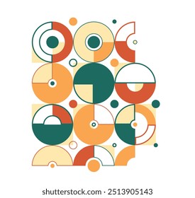 Abstract geometric artistic vector background in ethnic colors, Bauhaus style wallpaper with circles triangles and lines, pattern artwork geometrical abstraction.