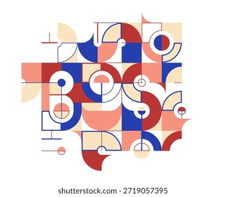 Fondo de Vector artístico geométrico Abstractas en colores étnicos, Fondo de pantalla de estilo Bauhaus con triángulos y líneas de círculos, abstracción geométrica de obras de arte de patrones.