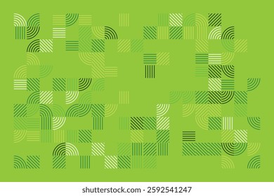 An abstract geometric artwork composed of structured green lines forming arcs, squares, and parallel patterns. The minimalist yet dynamic design evokes a sense of order, rhythm, and balance.