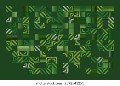 An abstract geometric artwork composed of structured green lines forming arcs, squares, and parallel patterns. The minimalist yet dynamic design evokes a sense of order, rhythm, and balance.