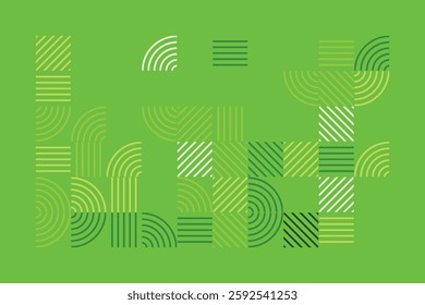 An abstract geometric artwork composed of structured green lines forming arcs, squares, and parallel patterns. The minimalist yet dynamic design evokes a sense of order, rhythm, and balance.